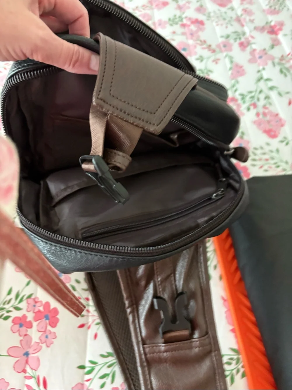 Men's Black and Brown Faux Leather Backpack